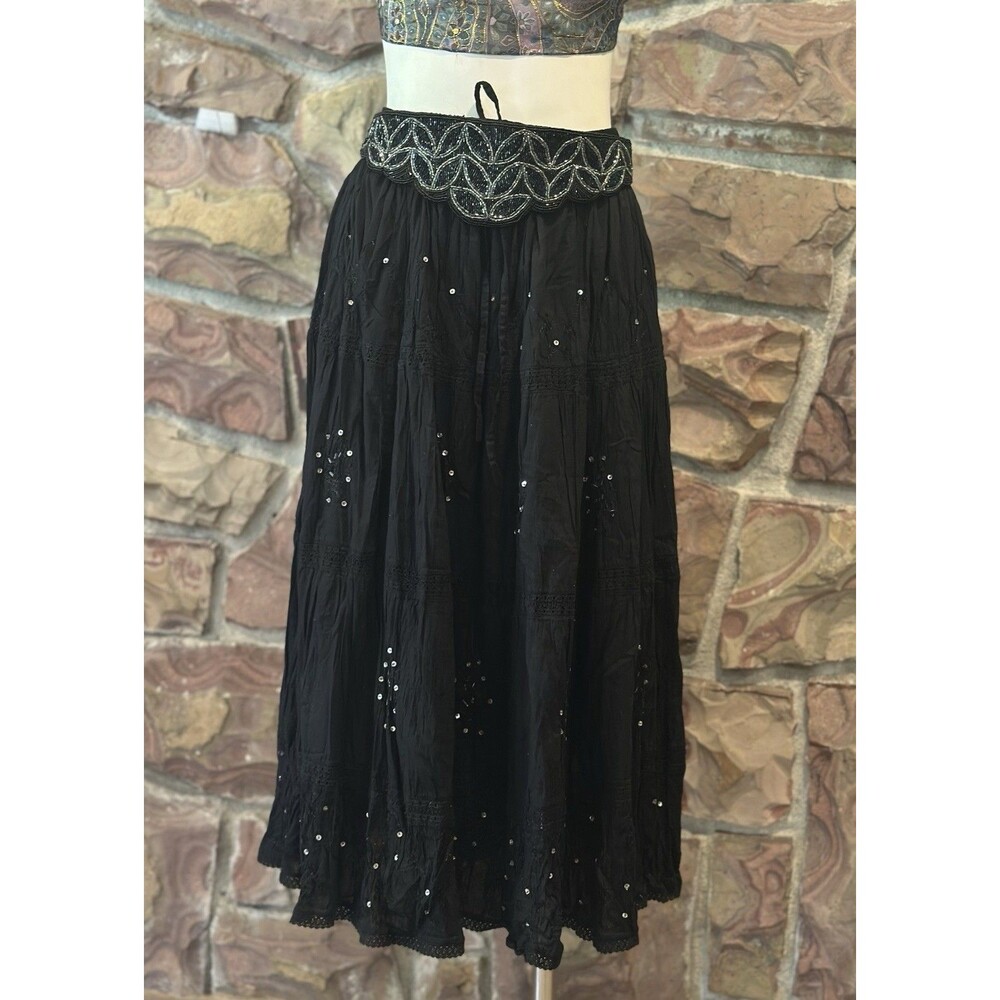Steampunk Black Beaded Tiered Midi Skirt Womens M Witchy Gothic Whimsigoth Gauze
